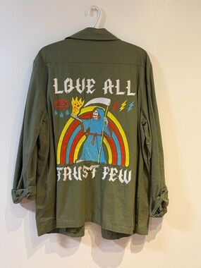 Olive Green Embroidered 'Love All Trust Few' Jacket